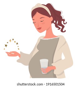 A beautiful young pregnant woman holds a glass of water and takes vitamins. Cartoon illustration, vector. Isolated on white background.