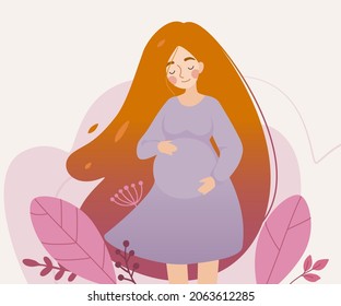 Beautiful young pregnant woman with long red hair. Pretty smiling lady holding for belly.