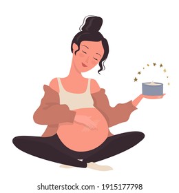 Beautiful young pregnant woman lubricates her big belly with cream from stretch marks. Cartoon illustration, vector, isolated on white background.