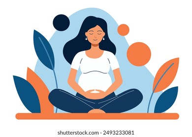 Beautiful Young Pregnant Woman Meditating, Relaxing and Connecting with Nature - Expecting Motherhood Concept Illustration