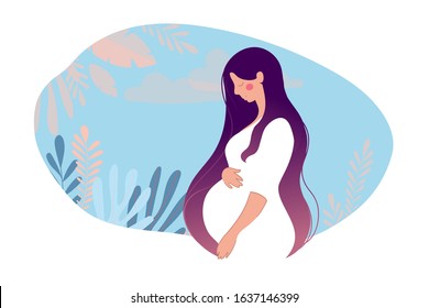 Beautiful young pregnant woman on a natural background with leaves and blue sky. A pregnant girl. Flat doodle illustration isolated on white with place for text