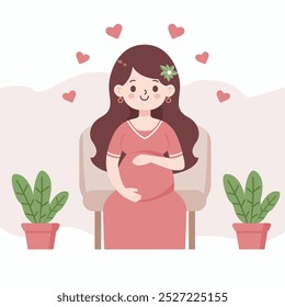 Beautiful young pregnant woman sitting on the chair vector illustration. Concept of pregnancy and motherhood. Flat design on white background.