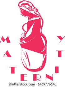 Beautiful young pregnant woman is standing and holding her belly, symbol of motherhoood, vector isolated on white background