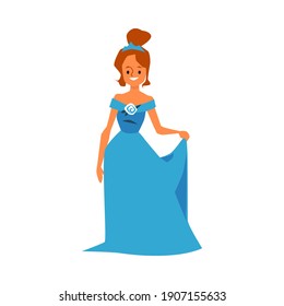 Beautiful young princess cartoon character in blue dress and crown, flat vector illustration isolated on white background. Fairy princess female personage.