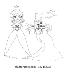  Beautiful young princess in front of her castle - doodle illustration
