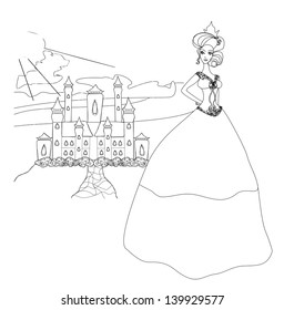  Beautiful young princess in front of her castle - doodle illustration