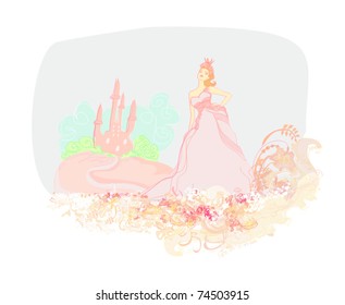 Beautiful young princess in front of her castle
