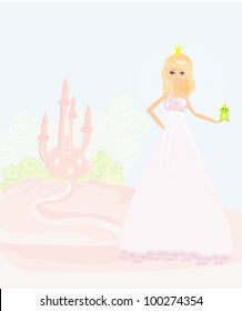 Beautiful young princess holding a big green frog