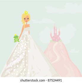 Beautiful young princess holding a big green frog