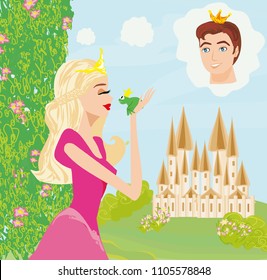 Beautiful young princess kissing a big frog