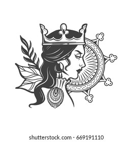 Beautiful young queen with crown on her head with floral and ornament details vector illustration. Can be used as print and tattoo flash. Detailed design element