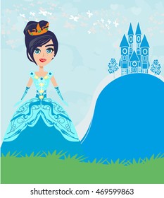 Beautiful young queen in front of her castle 