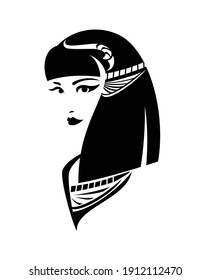 beautiful young queen or princess head - ancient Egyptian beauty Cleopatra black and white vector portrait