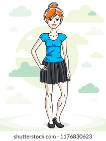 Beautiful young red-haired woman standing on background with blue heavens clouds and wearing fashionable casual clothes. Vector human illustration. 