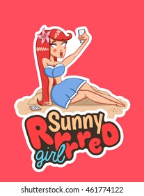 Beautiful young redhead girl doing selfie on the beach. Vacation illustrations. Sticker