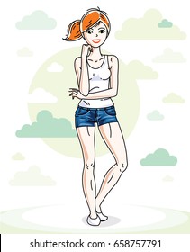 Beautiful young redhead woman posing on background with blue heavens clouds and wearing fashionable casual clothes. Vector attractive female illustration. Lifestyle theme cartoon.