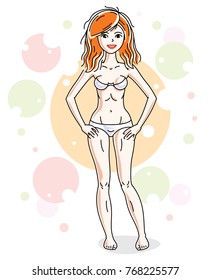 Beautiful young redhead woman in white underwear posing on colorful backdrop with bubbles and circles. Vector nice lady illustration. 