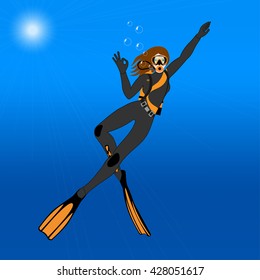 Beautiful young scuba diver girl in wetsuit, with flippers aqualung, mask, knife, weight belt  -  gives a sign O.K. vector illustration