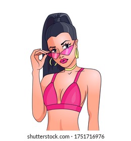 Beautiful Young Sexy Woman In Bikini Staring Passionately, Holding Her Sunglasses. Flirt Look. Dark Long Hair, Pink Lips, Bra And Glasses. Stock Vector Pop Art Illustration Isolated On White. 