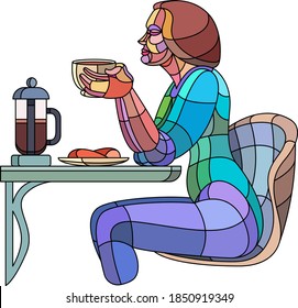 Beautiful young slender woman is drinking hot coffee at a table with dessert in a cafe. Bright colored illustration in modern flat character cartoon style.