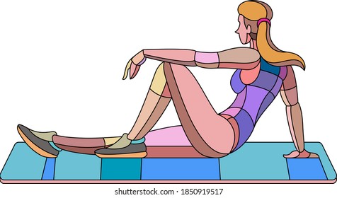 Beautiful young slender woman goes in for sports fitness yoga on the mat. Bright colored illustration in modern flat character cartoon style.