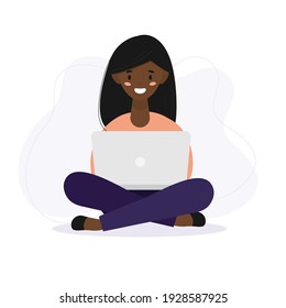 Beautiful young smiling black woman sitting with laptop. Vector illustration concept for online studying, freelance, work from home, online assistant, remote job. Cartoon flat style character. 