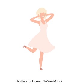 Beautiful Young Smiling Woman, Happy Blonde Girl Character Wearing White Dress Flat Vector Illustration