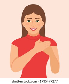 Beautiful young smiling woman keeps both hands on heart, remembers great moment, cheerful girl holds both hands on chest, thankfulness, gratitude, appreciated expression, isolated Vector illustration