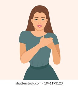 Beautiful young smiling woman keeps both hands on heart, remembers great moment, cheerful girl holds both hands on chest, thankfulness, gratitude, appreciated expression, isolated Vector illustration