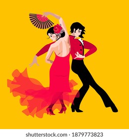 Beautiful young Spaniards in traditional costumes dancing flamenco isolated on a yellow background. Concert poster, festival, competition, party, wedding invitation.