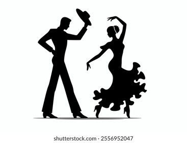 Beautiful young Spaniards in traditional costumes dancing flamenco isolated on a white background. Concert poster, festival, competition, party, wedding invitation, logotype, flyer, icon