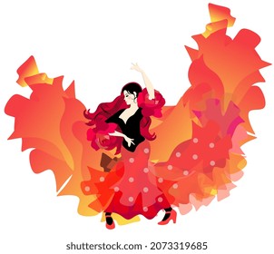 
A beautiful young Spanish girl in a red-black dress with flounces in the form of roses and a fluffy skirt with polka dots is dancing flamenco. Manton flies up like a bird behind her.