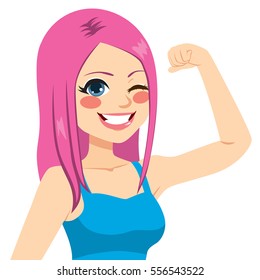 Beautiful young strong confident girl with pink dyed hair showing power concept flexing biceps muscle