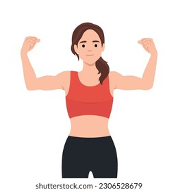 Beautiful young strong powerful woman showing her muscles. Flat vector illustration isolated on white background