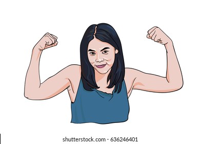 Beautiful young strong powerful woman smiling and showing her muscles isolated on white background