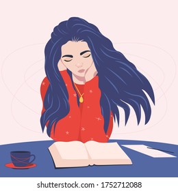 Beautiful young student girl reading book, preparing for the exam. Education concept. Flat vector illustration. Portrait character design.