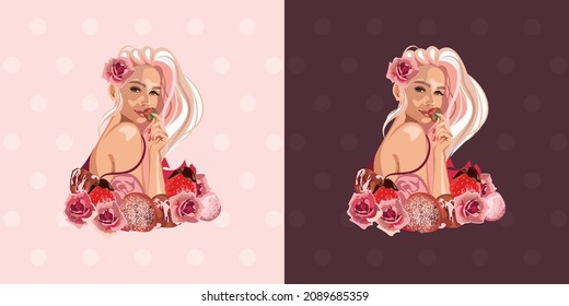 Beautiful young stylish girl with flowers, strawberries and sweets. Portrait. The dress. Pink. Fashion. Illustration