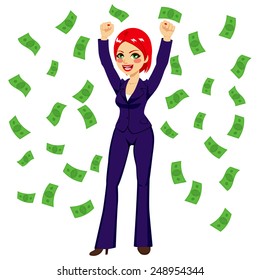 Beautiful young successful red haired rich businesswoman under falling money rain shower