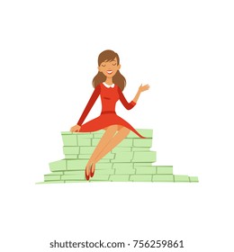 Beautiful young successful rich woman character in red dress sitting on a big pile of banknotes, financial success colorful flat vector Illustration