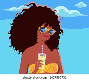 Beautiful young tanned woman with yellow sunglasses and black curly hair holding lemon cocktail. Banner large rectangle vector summer holidays concept