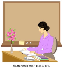 Beautiful young teacher. The girl is sitting at the table near the board. A woman writes in a class journal. Vector illustration.