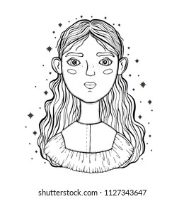 Beautiful young teenage girl, face foreground. Vintage sketch style of drawing. Sketch for tattoo, isolated print on t-shirt. Magical, mystical, ethnic style. Vector illustration.