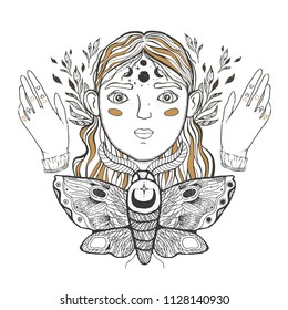 Beautiful young teenage girl, face foreground. Vintage sketch style of drawing. Sketch for tattoo, isolated print on t-shirt. Magical, mystical, ethnic style. Vector illustration.