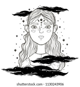 Beautiful young teenage girl, face foreground. Vintage sketch style of drawing. Sketch for tattoo, isolated print on t-shirt. Magical, mystical, ethnic style. Vector illustration.