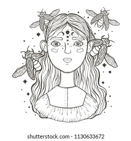 Beautiful young teenage girl, face foreground. Vintage sketch style of drawing. Sketch for tattoo, isolated print on t-shirt. Magical, mystical, ethnic style. Vector illustration.