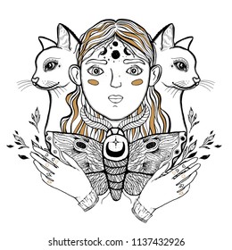 Beautiful young teenage girl, face foreground. Vintage sketch style of drawing. Sketch for tattoo, isolated print on t-shirt. Magical, mystical, ethnic style. Vector illustration.