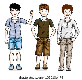 Beautiful young teenager boys group posing in stylish casual clothes. Vector diversity kids illustrations set.