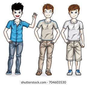 Beautiful young teenager boys group posing in stylish casual clothes. Vector diversity kids illustrations set. Childhood and family lifestyle cartoons.