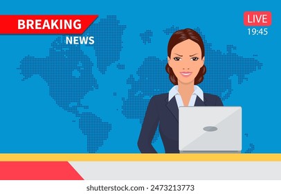 Beautiful young tv newscaster woman reporting tv news sitting in a studio. Vector illustration in flat style