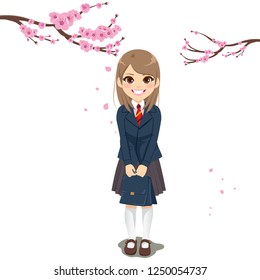 Beautiful young uniform student girl with sakura cherry tree on background celebrating new school year